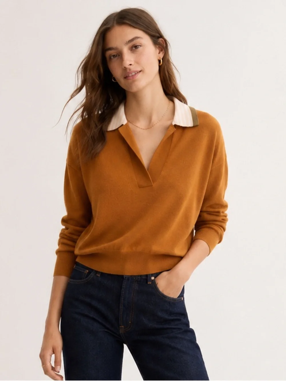 Madewell Colorblock Polo Sweater Golden Sunset Size Small